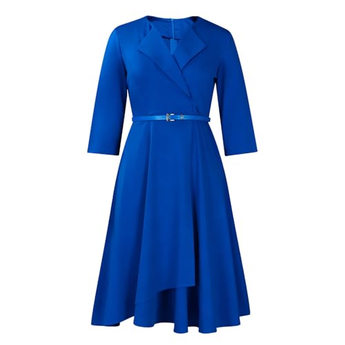 Image of Elainone Women 3 /4 Sleeve Casual Swing Flared A Line Dress Wedding Guest Semi Formal Office Work Dresses with Belt