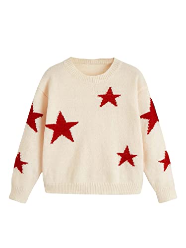 Wdirara Girl's Star Print Crewneck Long Sleeve Sweater Casual Knit Pullovers Apricot 11-12Y #TOP24