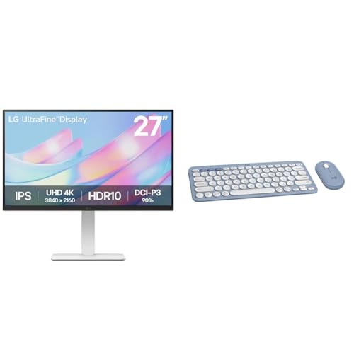 Image of LG 27US550-W 27 inch 4K (3840x2160) UHD Ultrafine IPS Computer Monitor with HDR10, DCI-P3 90%, Pivot, Swivel & Height Adjustable Stand, Borderless + Logitech Pebble 2 Combo Wireless Keyboard and Mouse