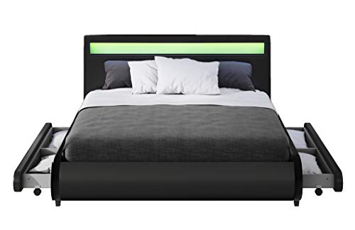 Faux Leather Upholstered Platform Bed Frame with Led Lights Headboard and 2...