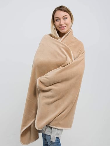 Image of BlueHills Premium Soft Tall Travel Blanket Pillow for Airplane Traveling Essentials Long Flight Trip Throw in Bag case with Backpack Clip Compact Large Plane Accessories Beige T053