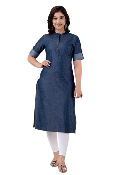 Women Blue Solid Denim Cotton Blend Straight Kurta-image-18