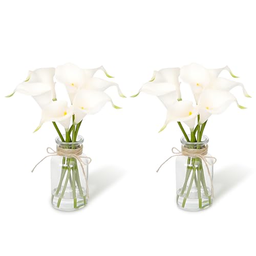 Garvee 2PCS Calla Lily Artificial Flowers in Glass Vase with Faux Water, 6 Pcs Real Touch Latex Fake Flowers for Dining Table Decor, Wedding Centerpieces, Bouquet Party Home Decoration, White