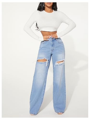 Floerns Women's Straight Leg Ripped Jeans Low Waisted Casual Distressed Denim Pants4