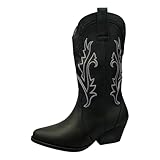 Western Cowgirl Mid-Calf Boots, Faux Leather Pull-On Style with Embroidered Design, Casual Walking Boots for Women (Black, One Size, UK Footwear Size System, Adult, Women, Numeric, Medium, 6)