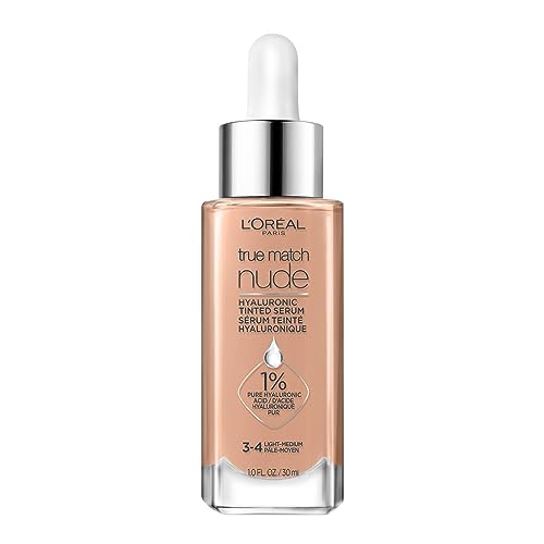 L’Oréal Paris True Match Nude Hyaluronic Tinted Serum, 1% Hyaluronic Acid, Instantly Evens, Brightens, and Hydrates Skin, Light Coverage, Suitable for Sensitive Skin, 30 ml, Shade: 3-4, Light-Medium
