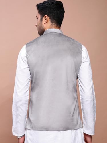 Image of SHOWOFFFF Men Solid Ethnic Nehru Jacket | Mandarin Collar Sleeveless Suede NehruJacket for Mens | Slim Fit Regular Length NehruJackets for Men's