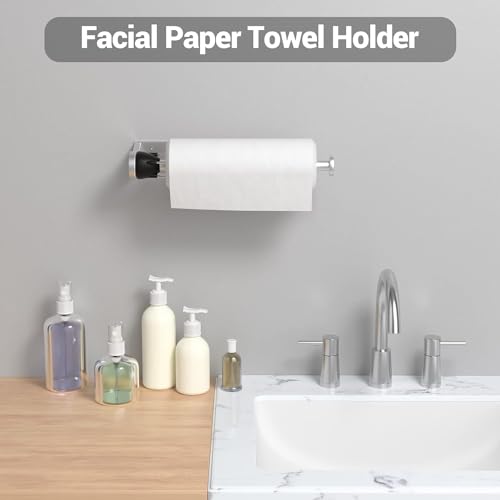 Image of Paper Towel Holder Under Cabinet with Damping Effect, Single-Hand Operable Wall Mount Paper Towel Holder for Kitchen /Bathroom, Under Counter Self-Adhesive /Drilled Kitchen Towel Holder