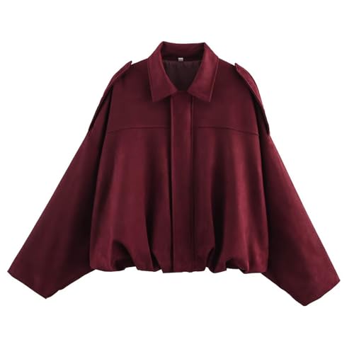 Women's Faux Suede Bomber Jacket Oversized Long Sleeves Motorcycle Cropped Coat Zip Up Winter Coat Outerwear