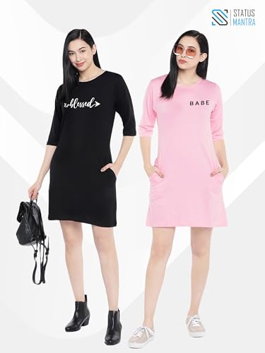 Image of Status Mantra Long T-Shirt Dress for Women - Cotton Knee Length T Shirt Top | 3 /4th Sleeves, Soft Bio-Washed Fabric | Stylish Regular Fit Crew Neck