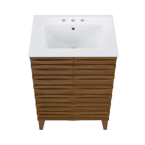 Image of Swiss Madison Cascade 24 in. Brown Oak Bathroom Vanity with White, 3-Hole Ceramic Sink Top