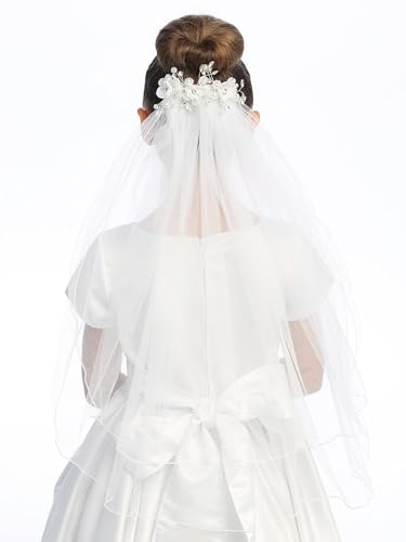 Swea Pea & Lilli Girls First Communion Veil - White Holy 1st Communion Headpiece with Comb, Organza Flowers with Rhinestones, Pearl Accents, and Crystal Accents2