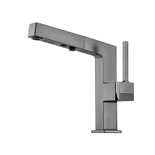 Robinet d'évier de salle de bain eau chaude froide avec mitigeur extractible en laiton gris