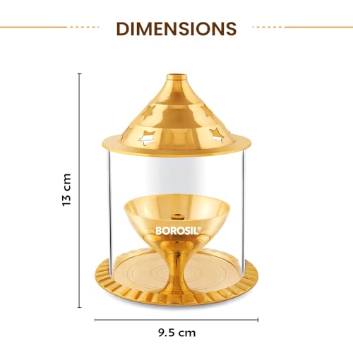 Borosil Medium Size Akhand Diya Decorative Brass Glass Oil Lamp | Tea Light Holder | Diya with Borosilicate Glass | Puja Dia for Mandir | Lantern Diya with Glass Cover
