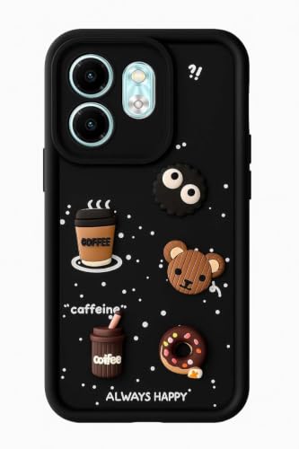 Image of Bintage Cute Fun Taddy Cartoon 3D Ball Bear Milk Donut Coffee Cup Silicon Case Full Body & Camera Protection Back Cover Compatible for Tecno POP 9 5G - Black