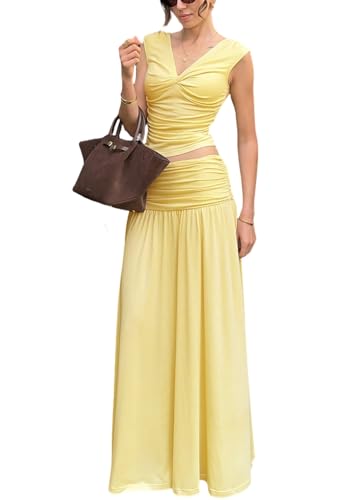 Image of Two Piece Skirt Set for Women - Sexy Sleeveless Spaghetti Strap Pleated Tank Top Maxi Long Skirts Sets