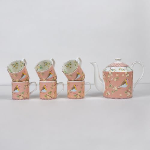 Image of GOLDEN QUEEN'S Handcrafted Tea Cups & Kettle - Set of 6 Cups & 1 Kettle | Ideal for Everyday Tea and Coffee, Hosting Tea Service with Friends & Family - Birdie in Pink