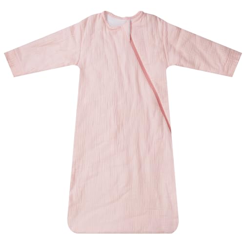 Dormlony Muslin Cotton Baby Long Sleeve Sleeping Bag,Unisex Sleep Sack with 2- Way Zipper for Easy Diaper Changes 1.0TOG,(6-18 Months,Pink)