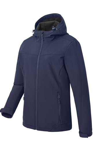 EnduaReve Chaqueta softshell para mujer, impermeable, transpirable, resistente al viento, con capucha forrada, para senderismo al aire libre, azul marino, S