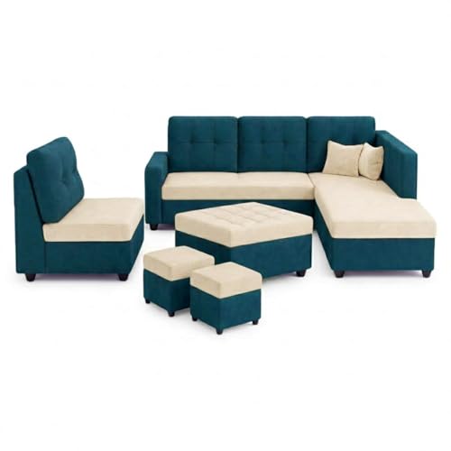 Image of FURNY Nathan 8 Seater L Shape Sofa Set RHS (Green Teal-Cream) | Suede Velvet Finish | Durable Comfort Sofa for Modern Living Room & Office Spaces
