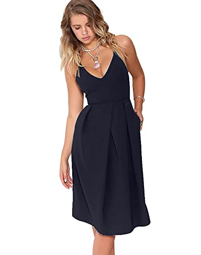 Image of Women's Deep V Neck Adjustable Spaghetti Straps Summer Dress Sleeveless Sexy Backless Party Dresses with Pockets