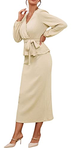 CHARTOU Women 2 Piece Knit Skirt Set Office Work Peplum Sweater Skirt Set Outfits with Belt2