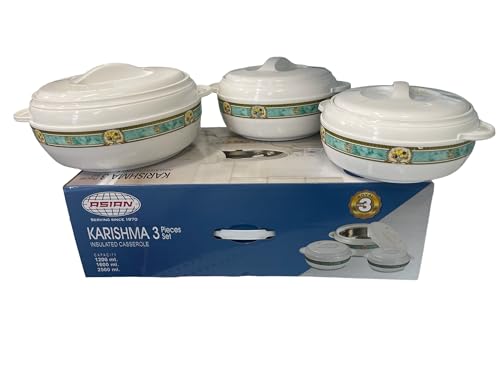 The House of Florence Karishma 3pcs Insulated Food Warmers - 1.2L, 1.6L, 2.5L - White with Decal - Plastic, Stainless Steel - Rectangular - 30.5cm(W) x 13cm(H) x 13cm(D)