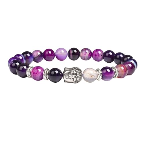 OutFyt Bracelet De Pierres Précieuses D'Agate Violette Naturelle, Bracelet En Cristal De Chakra Tête De Bouddha En Argent, Bracelet Extensible De Yoga, Bracelets De Perles Porte Bonheur Pour Femme