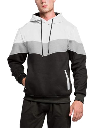 Men’s Fleece Pullover Hoodie Color Block Zip up Sweatshirt with Adjustable Hood and Kangaroo Pocket