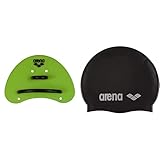 arena 95251 Unisex Schwimm Wettkampf Trainingshilfe Finger Paddle Elite für Unterarm-Krafttraining, Acid Lime-Black (65), S & Unisex Badekappe Classic Silikon, Black-Silver (55), One Size