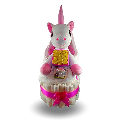 Tarta De Pañales Mi Primer Baño Para Niña - Con Rosas De Jabón - Capa De Baño De Algodón - Peluche Unicornio -