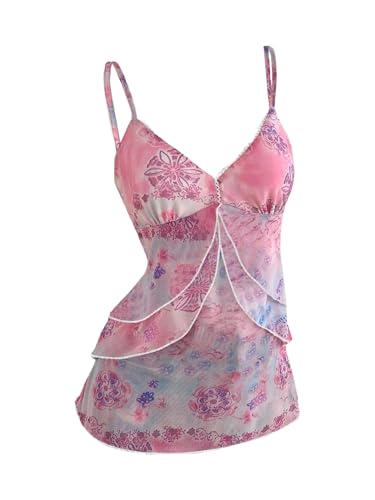 Verdusa Women's Y2k Mesh Tank Top Babydoll Camisole Floral Spaghetti Strap Ruffle Going Out Tops