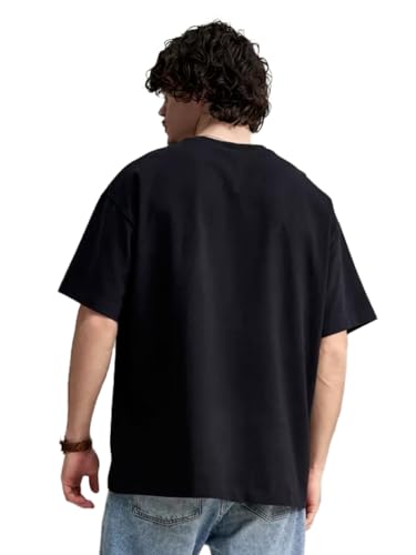 LEOTUDE Half Sleeve Oversized Cottonblend Round Neck Drop Shoulder Printed T-Shirt for Men's (Color Black)