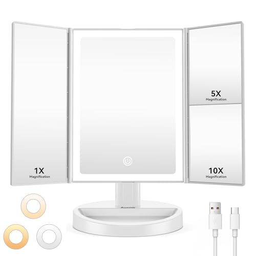 Auxmir Schminkspiegel mit Beleuchtung 10X/5X/1X Vergrößerung, 2000mAh USB Aufladbar Kosmetikspiegel mit Touch Dimmbar Beleuchtung 3 Lichtfarben, Faltbar LED Tischspiegel Vergrößerungsspiegel mit Licht