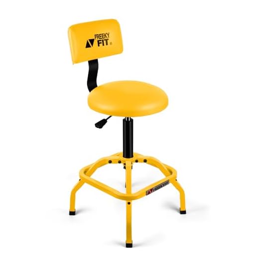 FreekyFit Shop Stool with Backrest, Mechanic Garage Stool for Workshop, Adjustable Padded Workbench Chair with Back for Men Women, 300 LBS Capacity, 360° Swivel PVC Seat, Heavy Duty, Yellow