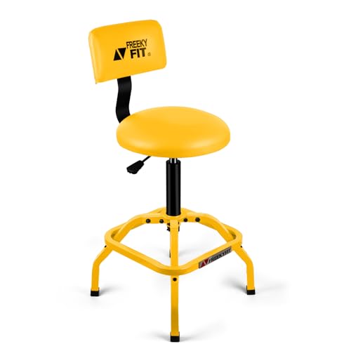 Image of Shop Stool with Backrest, Mechanic Garage Stool for Workshop, Adjustable Shop Stools Chair, Padded Workbench Stools for Men Women, 300 LBS Capacity, 360 Swivel PVC Seat, Heavy Duty, Yellow