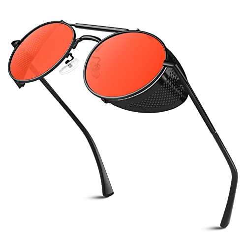 Sunier Retro Round Steampunk Sunglasses Side Shield Goggles Gothic Sun Glasses with 100% UV400 Protection