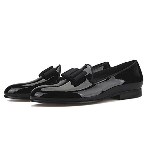 FERUCCI Handmade Men Plain Black Patent Leather with Black Bow Slippers Loafers