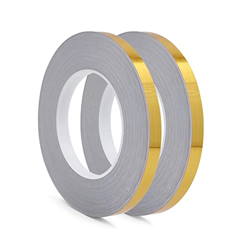 Image of 2 Rolls 0.4 Inch x 164 Ft Metalized Polyester Mylar Film Tape, Graphic Art Tape Mirror Tape, Foil Line Adhesive Tape for Wall, Floor, Tile, Gifts Wrapping (Gold)