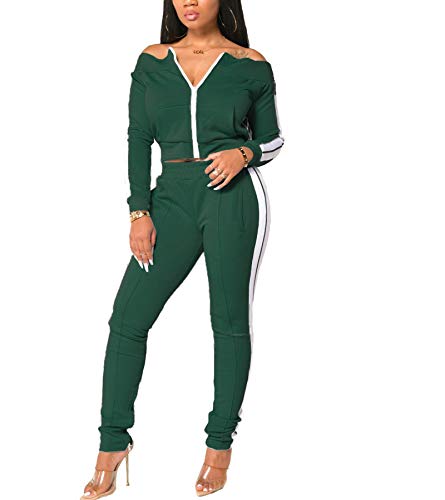 Track Suits for Women Set - Long Sleeve Zip up Off Shoulder Jacket and Slit Pants Two Piece Sweatsuits Green XX-Large