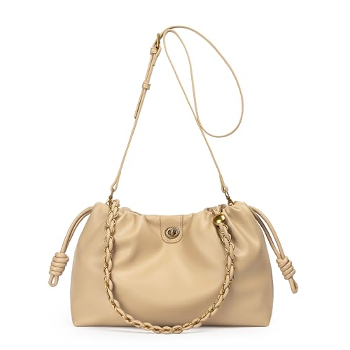 Bucket Hobo Purse for Women. Designer Drawstring Shoulder Bag with Top Chain Tote Handle and Long Crossbody Strap