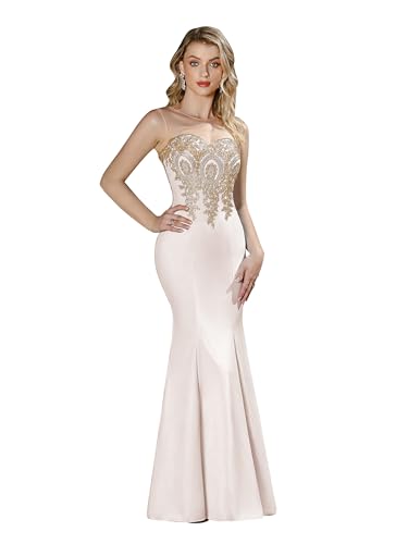 Image of Prom Dress for Women 2025 Gold Lace Applique Long Sheer Illusion Mermaid Formal Dresses Evening Gown