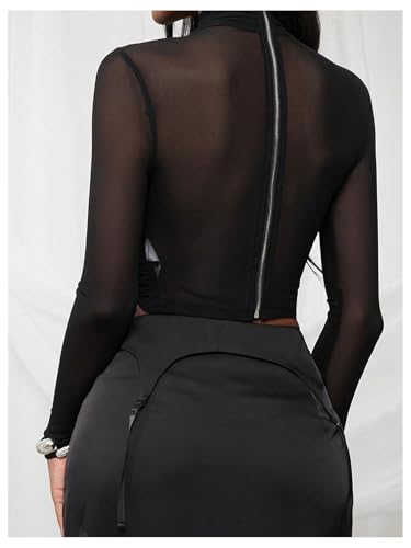SweatyRocks Women's Sheer Mesh Criss Cross Tops High Neck Long Sleeve Fitted T Shirt Crop Top2