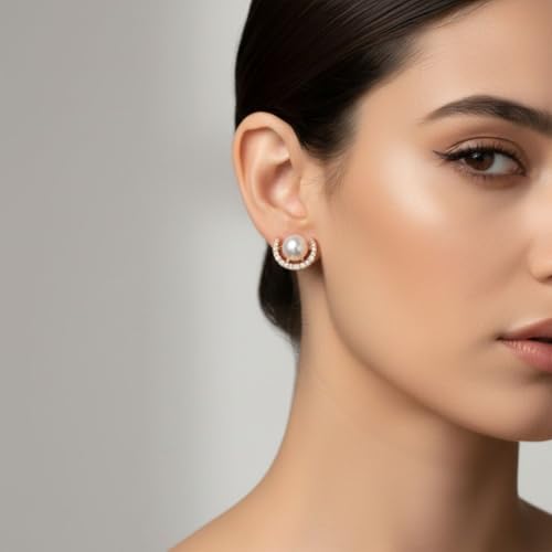 Image of Nilu's Collection Rose Gold Plated Triangular Design Pearl Stud Earrings With American Diamond for Women And Girls | Gift For Her | Anti- Allergy |Anti-Tarnish | Office Wear