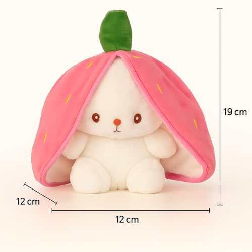 Image of Cute Bunny Plush Toy with Strawberry Hood | Soft Stuffed Animal Toy for Kids | White Rabbit Doll for Gifting & Cuddles 20cm