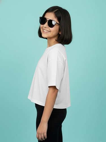 Image of KiddoPanti Girls 100% Cotton Solid Drop Shoulder Half Sleeve Round Neck Crop Tee