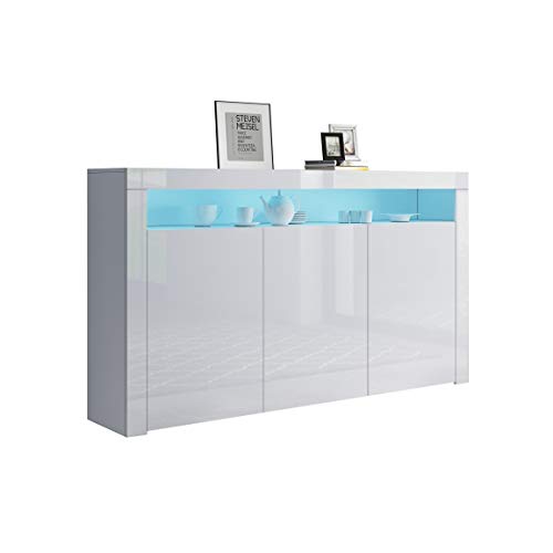 Sideboard High Gloss 3 Doors Sideboard Cabinet Storage Cupboard with LED Lights Modern Living Room Bedroom Furniture (White) - Image 6