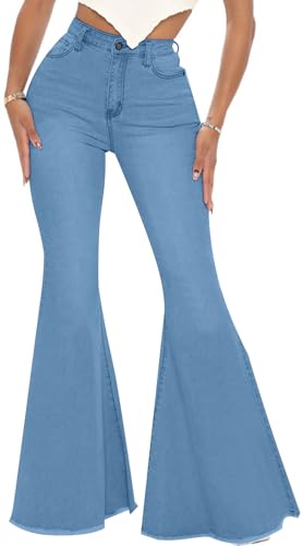 Women's Plus Size Bell Bottom Jeans Elastic High Waisted Flared Jeans 70s Vintage Skinny Classic Raw Hem Wide Leg Denim Pants(Trendy Blue,Small)