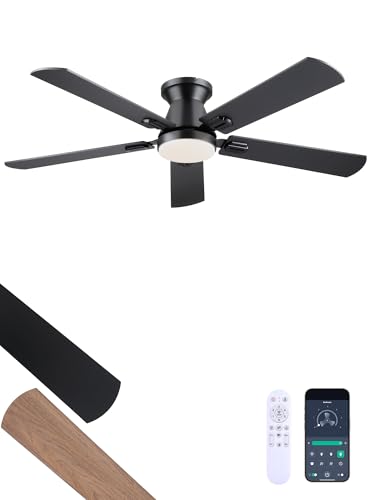 iacaf Ceiling Fans with Lights, 52'' Low Profile Ceiling Fan with Light and Remote/APP Control, Dimmable, Qiuet DC Motor, Flush Mount Ceiling Fan for Indoor Bedroom Living Room, Black