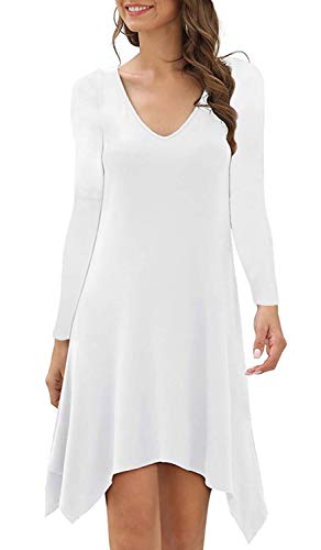 KSHUN Women's Long Sleeve T-Shirt Dress Casual Loose V Neck Tunic Dress White,US 8-10